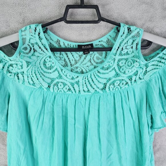 Women's A.N.A Turquoise Lace Yoke Top Blouse Short Sleeve Round Neck Size L - Picture 4 of 11